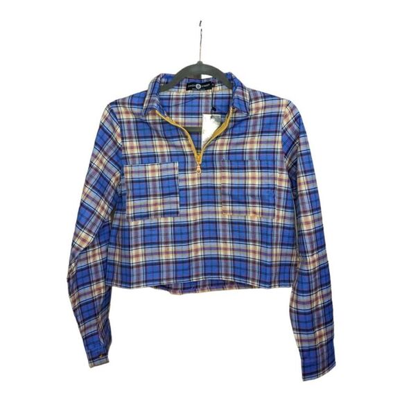 Daisy Street Quarter Zip Long Sleeve Plaid Crop Top New With Tags - Picture 1 of 8